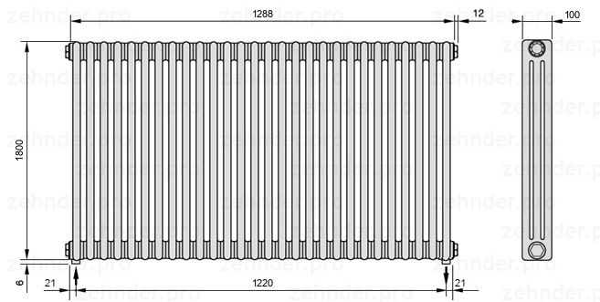 Схема (чертеж) Радиатор Zehnder Charleston 3180/28 №3570 Белый глянцевый RAL 9016
